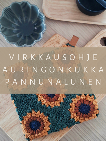 DIY - virkkausohje auringonkukka pannunalunen (ladattava pdf. ohje)